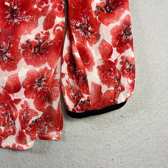 Chicos 100% Silk Floral Blouse Red White Poppy Print V-Neck Size 1 M Long Sleeve - Picture 3 of 4